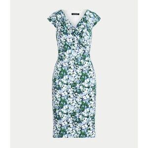 Ralph Lauren Floral Jersey Dress Size 12 Blue Green V-Neck Cap Sleeve Ruched